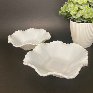 Vintage Milk Glass Hobnail Ruffled Bowls Set of 2